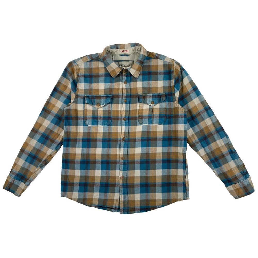 Gramicci Flannel Shirt Men's Medium Beige Blue Plaid Heavyweight Cotton
